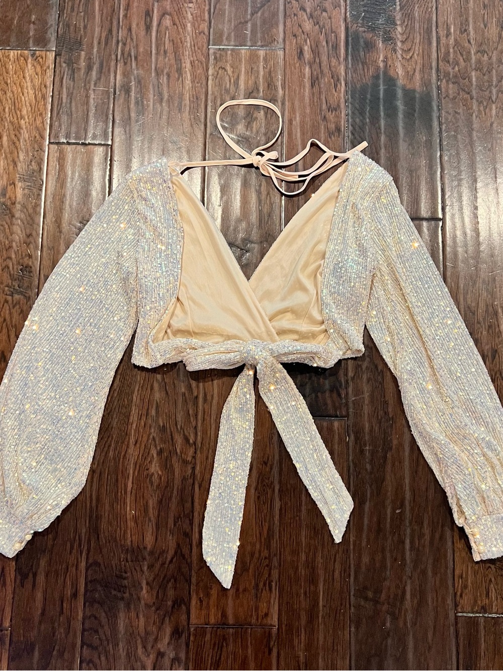 Adika Sparkly Sequin Long Sleeve Wrap Crop Top - Picture 2 of 6